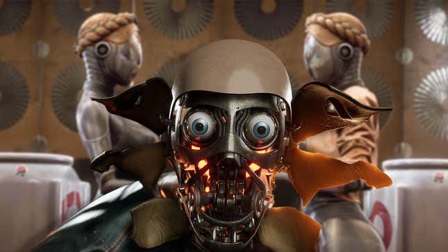 A screenshot of Atomic Heart's twins alongside a scary close-up of a humanoid robot's face tearing open.