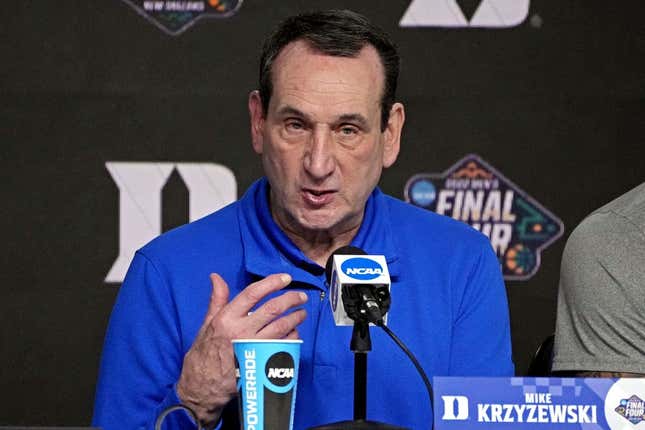 Apr 2, 2022; New Orleans, LA, USA; Duke Blue Devils head coach Mike Krzyzewski speaks in a press conference after the game against the North Carolina Tar Heels in the 2022 NCAA men's basketball tournament Final Four semifinals at Caesars Superdome.