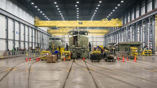 The Evolution Locomotive assembly line at the GE Manufacturing Solutions Facility in Fort Worth, Texas.