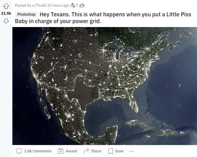 A map of the U.S. covered in lights with a dark Texas is shown to illustrate Abbott's failures.