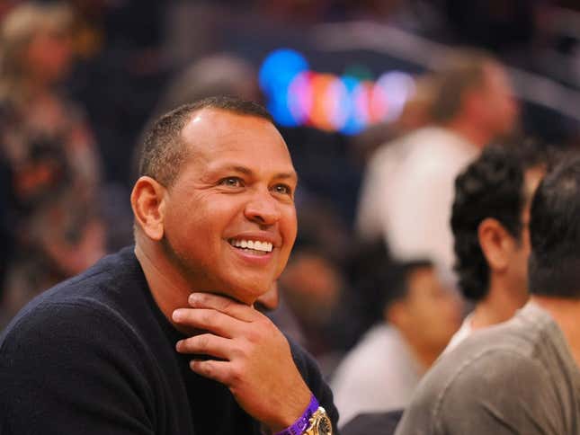 Feb 26, 2023; San Francisco, California, USA; Retired baseball player Alex Rodriguez sits court side before the game between the Golden State Warriors and Minnesota Timberwolves at Chase Center.