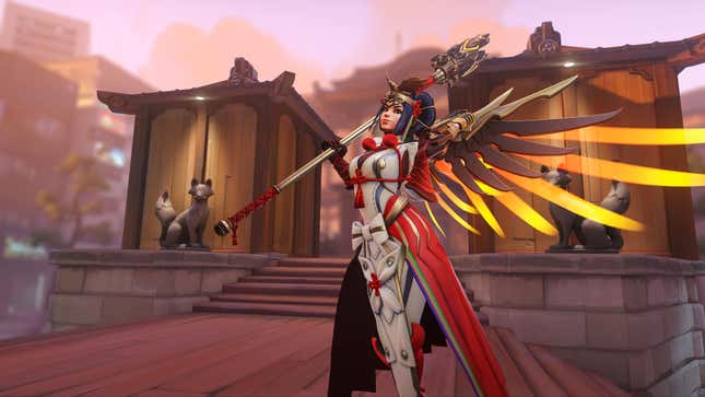 Overwatch 2's popular healer character, Mercy, in a special red-and-white colored skin with a black wig.