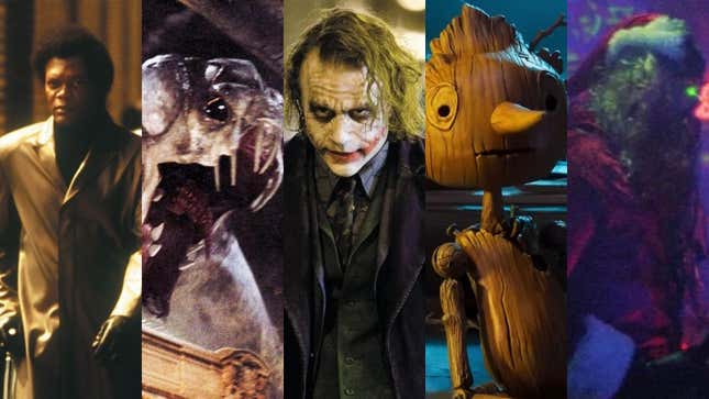 Images from Unbreakable, Cloverfield, The Dark Knight, Guillermo del Toro's Pinocchio, and Christmas Bloody Christmas.