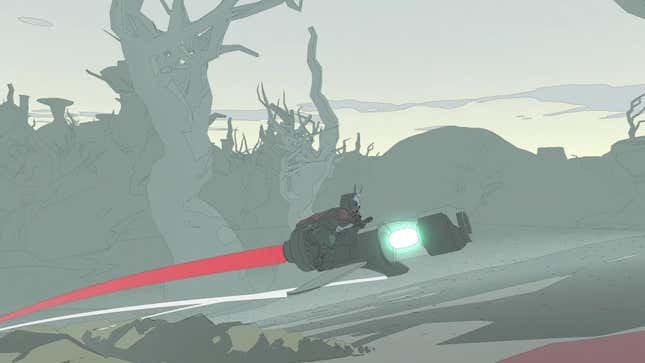 A character zooms on a slate gray rocket in the game Sable.