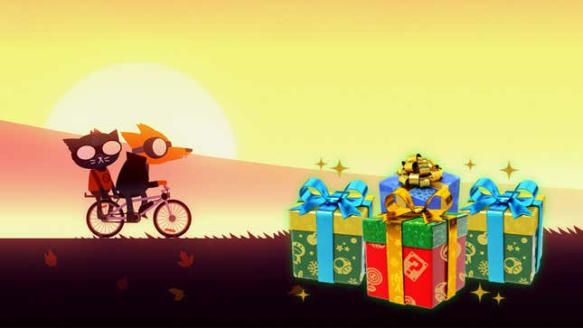 May, the protagonist of Night in the Woods, rides on the back of a bicycle as the sun sets behind her. Presents are photoshopped in the path of the bike.