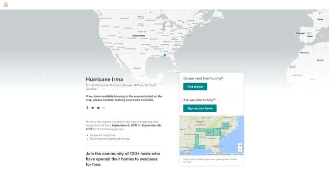 Airbnb’s dedicated page for hosts offering free lodging to Irma evacuees.