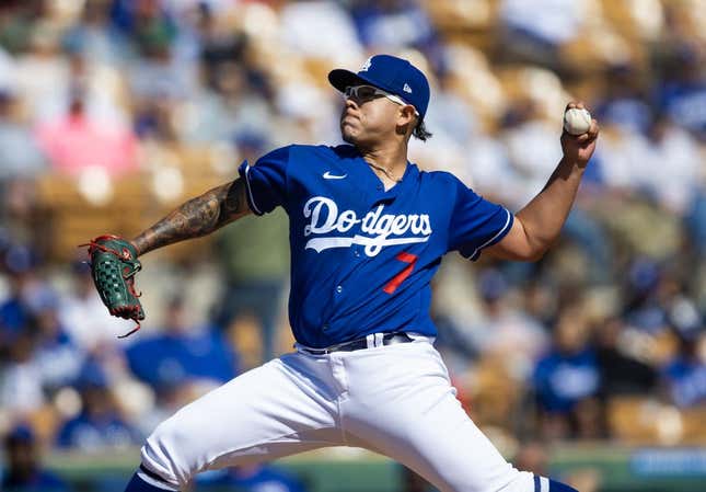 Feb 28, 2023; Phoenix, Arizona, USA; Los Angeles Dodgers pitcher Julio Urias against the Cincinnati Reds during a spring training game at Camelback Ranch-Glendale.