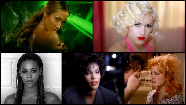 Clockwise from top left: “Waiting For The Night” official music video (Screenshot: Jennifer Lopez/YouTube); “It’s My Life” official music video (Screenshot: No Doubt/YouTube); “Girls Just Wanna Have Fun” official music video (Screenshot: Cyndi Lauper/YouTube); “I Will Always Love You” official music video (Screenshot: Whitney Houston/YouTube); “If I Were A Boy” official music video (Screenshot: Beyonce/YouTube)