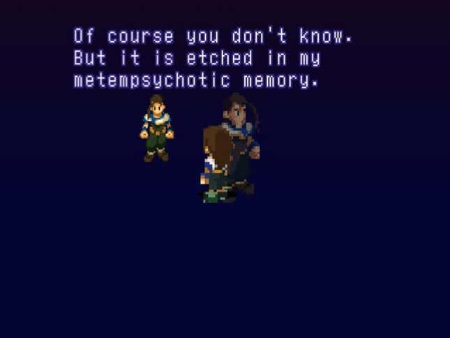 A few figures stand in a dark blue void, with text above them reading, "Of course you don't know. But it is etched in my metempsychotic memory."