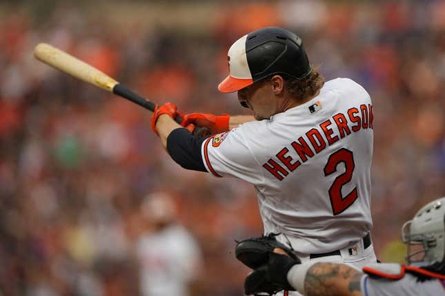 Aug 5, 2023; Baltimore, Maryland, USA; Baltimore Orioles third baseman Gunnar Henderson (2) hits a two run home run against the New York Mets during the first inning at Oriole Park at Camden Yards.