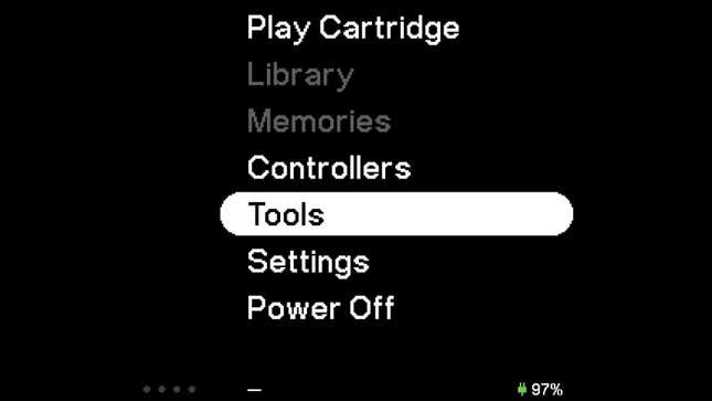 A screenshot of the Analogue Pocket's black-and-white menu.