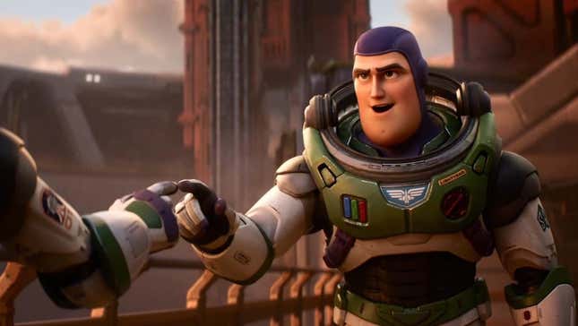 Fictional human Buzz greets a colleague while wearing his iconic spacesuit in Pixar's Lightyear trailer. 