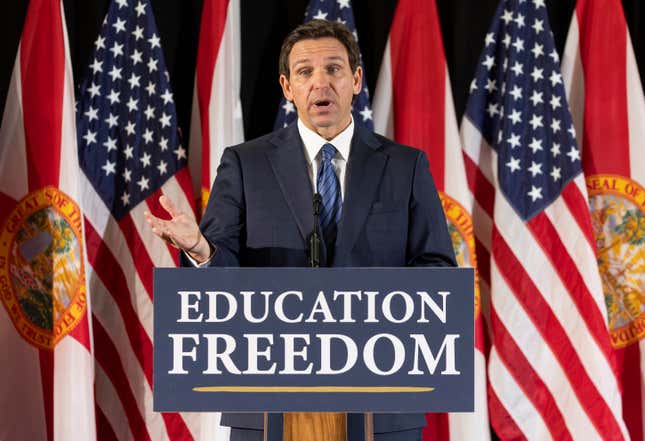 Florida Governor Ron DeSantis answers questions from the media during a press conference at Christopher Columbus High School on Monday, March 27, 2023, in Miami, Fla. 