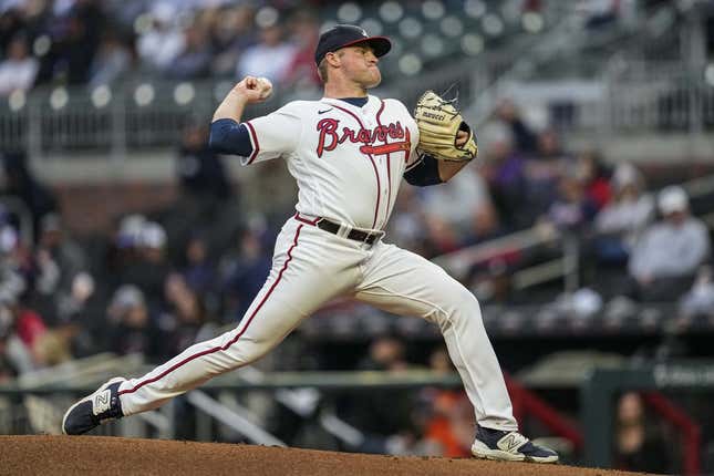 Apr 26, 2023; Cumberland, Georgia, USA; Atlanta Braves starting pitcher Bryce Elder (55) pitches against the Miami Marlins during the second inning at Truist Park.