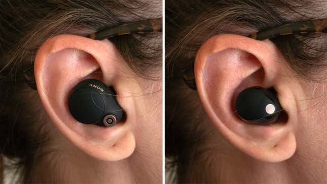 Two side-by-side photos comparing the Sony WF-1000XM5 and Sony WF-1000XM4 wireless earbuds worn in a user's ear.
