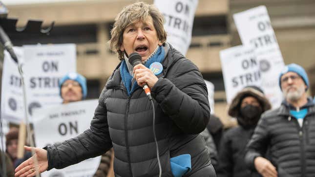 President of the American Federation of Teachers Randi Weingarten speaks as faculty and their supporters march during a strike at the University of Illinois Chicago in the Little Italy neighborhood, Tuesday, Jan. 17, 2023, of Chicago. 