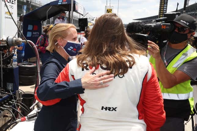 NTT IndyCar Series owner Beth Paretta congratulates driver Simona De Silvestro during qualifications for the 105th running of the Indianapolis 500 in May 2021.