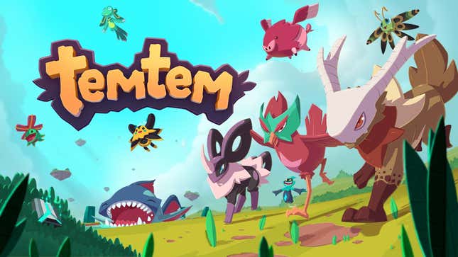 Artwork showing Temtem's Pokémon-alikes, running across some grass.
