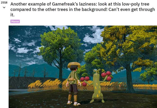 A screenshot shows a meme posted on Reddit making fun of players who complain about tree textures.