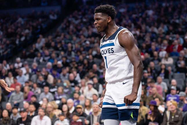 Mar 4, 2023; Sacramento, California, USA; Minnesota Timberwolves guard Anthony Edwards (1) reacts after scoring during the second quarter against the Sacramento Kings at Golden 1 Center.
