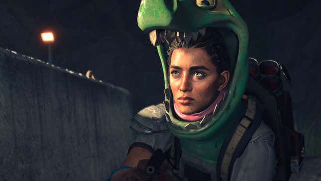 Dani, the lead of the game, hiding while holding a handgun and wearing a croc helmet.