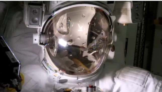 Water can be seen inside the helmet during a test of astronaut Luca Parmitano’s spacesuit. 
