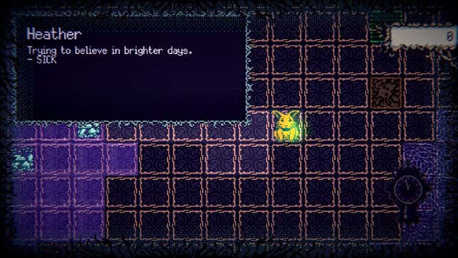 A forest creature named Heather is depicted, with a text box that includes her name and the words Trying to believe in brighter days, as well as the condition SICK.