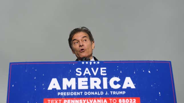 Pennsylvania Republican U.S. Senate candidate Dr. Mehmet Oz speaks at a rally in support of his campaign sponsored by former President Donald Trump at the Westmoreland County Fairgrounds on May 6, 2022.