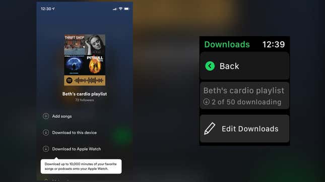 Screenshot of Spotify on phone and on watch. On the phone: the menu screen for Beth's Cardio Playlist now has the option to "download to apple watch." On the Apple Watch, there is now a Downloads screen within the spotify app.