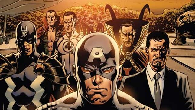 Black Bolt, Namor, Mr. Fantastic, Captain America, Doctor Strange, and Tony Stark walk away from a group of armed soldiers in a scene from New Avengers Vol 3. #1. 