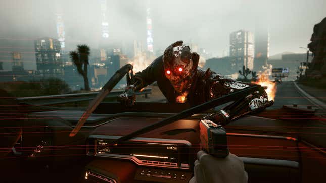 A Cyberpunk 2077 screenshot shows an augmented humanoid with praying mantis-like blade arms attacking the protagonist's car.