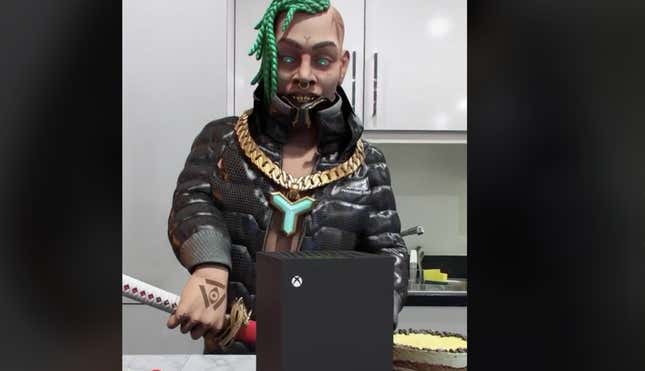 FN Meka the AI rapper about to cut into an Xbox Series X cake with a Katana.