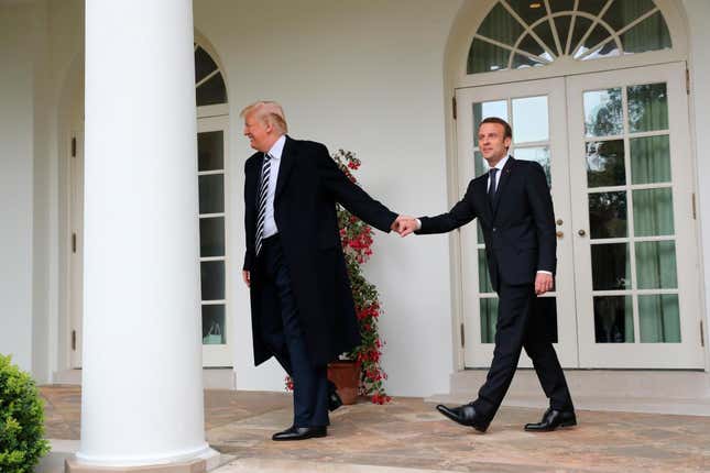 Trump leads along Macron during a White House visit on April 24, 2018.