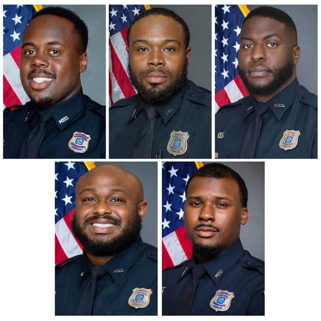 This combination of images provided by the Memphis, Tenn., Police Department shows, from top row from left, Police Officers Tadarrius Bean, Demetrius Haley, Emmitt Martin III, bottom row from left, Desmond Mills, Jr. and Justin Smith.