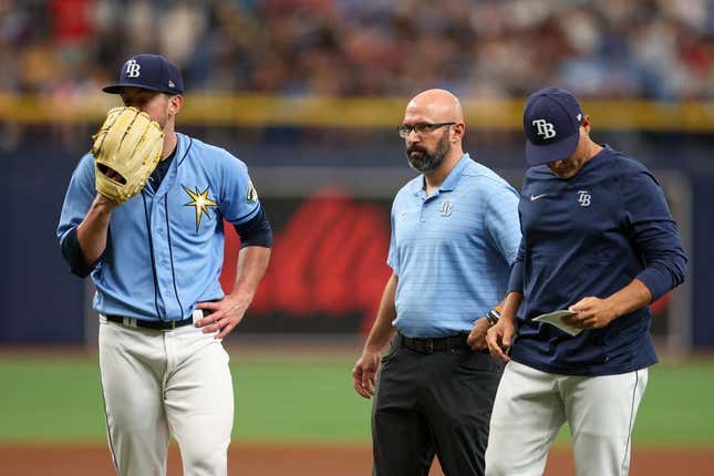 Apr 13, 2023; St. Petersburg, Florida, USA;  Tampa Bay Rays starting pitcher Jeffrey Springs (59) reacts after having to leave the game against the Boston Red Sox in the fourth inning at Tropicana Field.