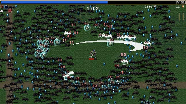 A Vampire Survivor character kills a crowd of bats.