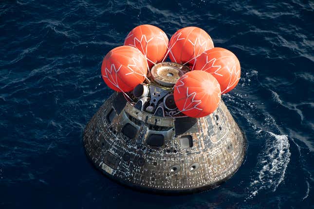 A view of NASA’s Orion spacecraft shortly after splashing down in the Pacific Ocean on Sunday, December 11, 2022. 