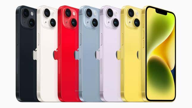 A row of iPhone 14s in midnight, starlight, (PRODUCT)RED, blue, purple, and the all-new yellow.