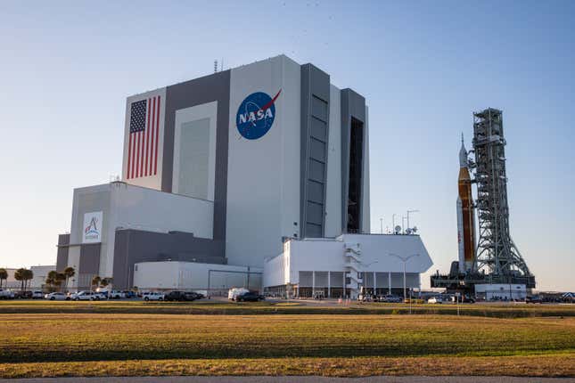 SLS shortly after exiting High Bay 3 of the Vehicle Assembly Building.