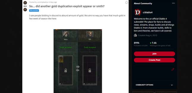 A screenshot shows community unrest about the state of gold dupping. 