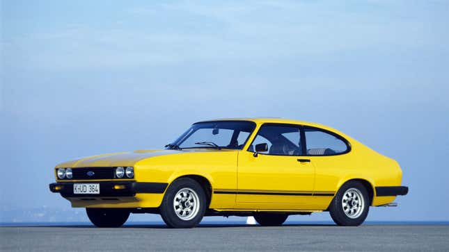 A photo of a yellow Ford Capri. 