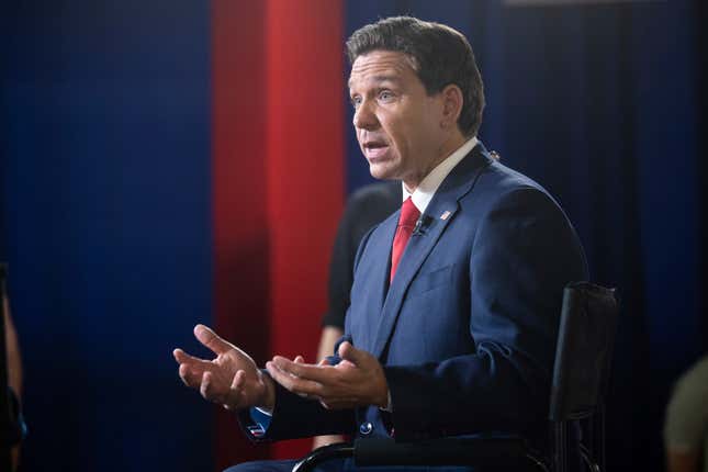 Republican presidential candidate Ron DeSantis gives an interview after the first Republican presidential debate of the 2024 election cycle at Fiserv Forum in Milwaukee, on August 23, 2023.