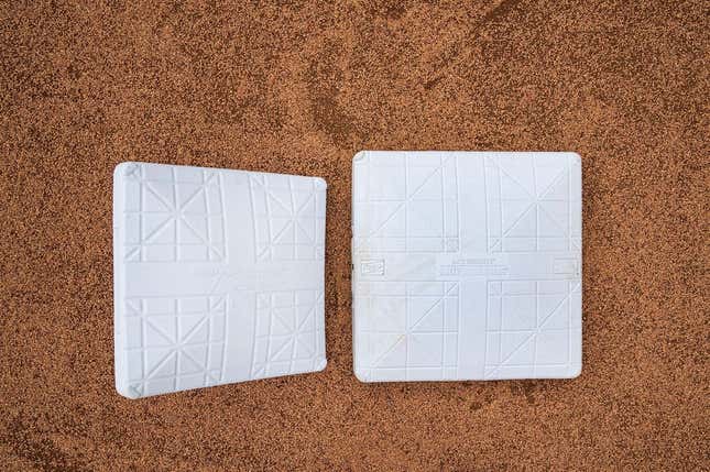 Feb 14, 2023; Scottsdale, AZ, USA; MLB has moved to using a bigger 18  base (right) from the standard 15  base during demonstrations of rules changes for the 2023 MLB season and how they will be implemented for spring training and the regular season at Salt River Fields at Talking Stick.