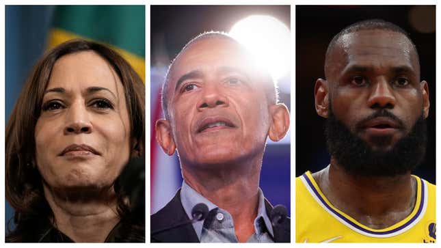 Vice President Kamala Harris, left; President Barack Obama, LeBron James.