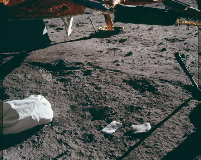 A waste bag and packaging materials left behind from the Apollo 11 mission. 