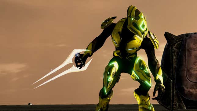 A neon-yellow elite stands ready with an energy sword in New Mombasa.