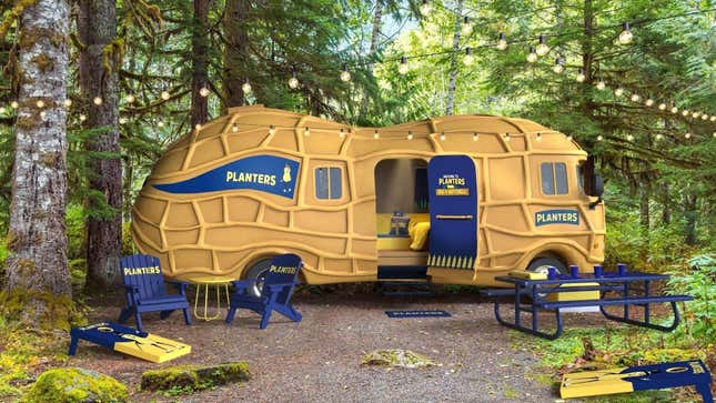 The Planters Nutmobile parked in the woods