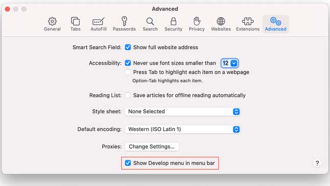 Enable the Develop menu in Safari on Mac.