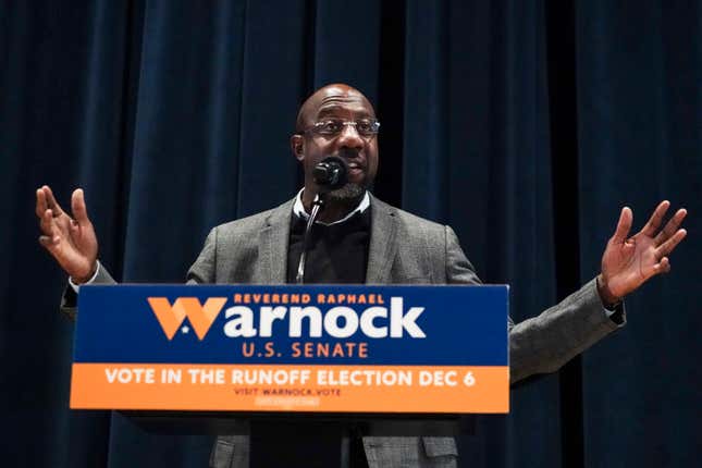 U.S. Sen. Raphael Warnock, D-Ga., speaks during a campaign rally at Georgia Tech Monday, Dec. 5, 2022, in Atlanta. Warnock is in a runoff with Republican Herschel Walker.