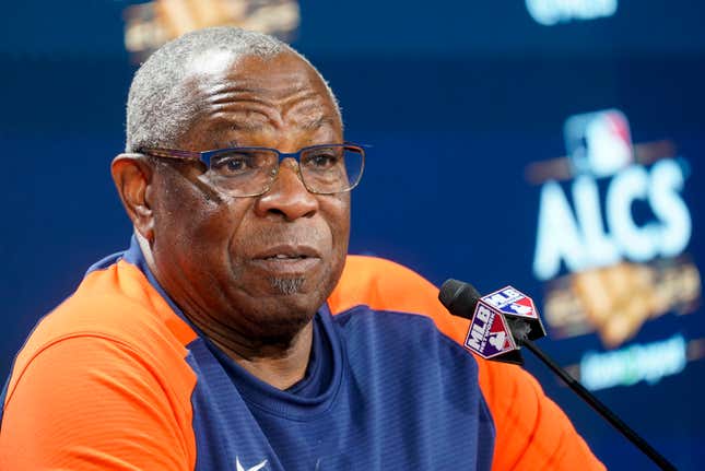 Houston Astros manager Dusty Baker Jr. answers questions during a news conference before Game 4 of an American League Championship baseball series between the New York Yankees and the Houston Astros, Sunday, Oct. 23, 2022, in New York.